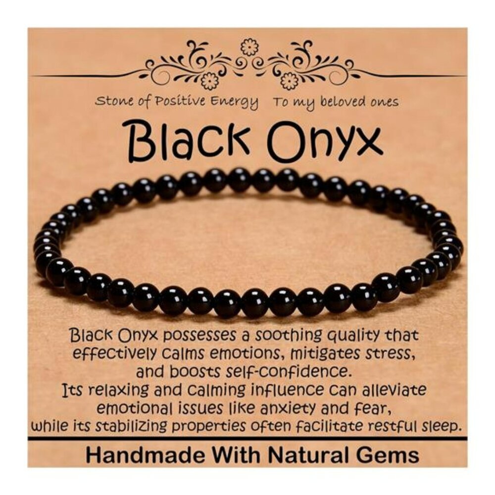 Black onyx gemstone bracelet 4mm natural stone yoga stretch healing jewelry gift